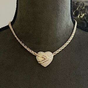 Vintage Christian Dior Heart Ribbon Rhinestone Pavé Gold Chain Pendant Necklace